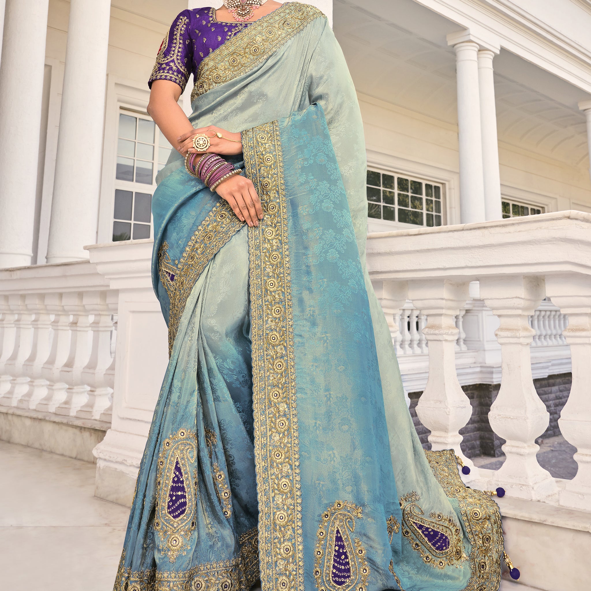 Marvelous Grey & Blue Jarkan Work Jacquard Silk Wedding Saree With Blouse