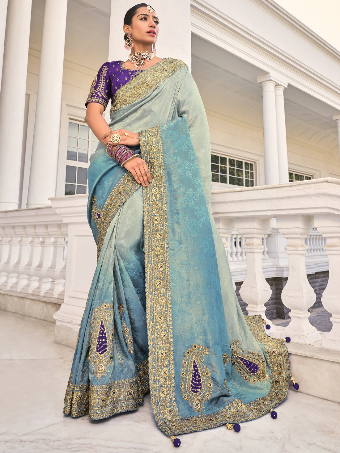 Marvelous Grey & Blue Jarkan Work Jacquard Silk Wedding Saree With Blouse