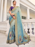 Marvelous Grey & Blue Jarkan Work Jacquard Silk Wedding Saree With Blouse