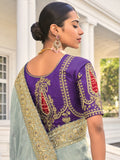 Marvelous Grey & Blue Jarkan Work Jacquard Silk Wedding Saree With Blouse