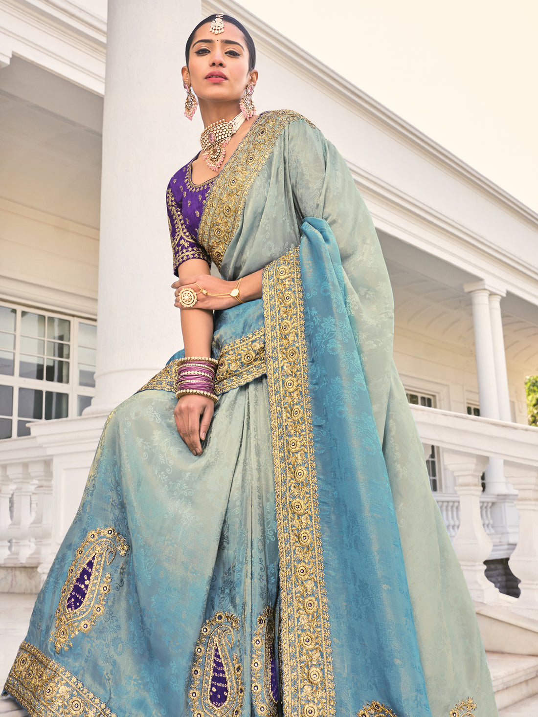 Marvelous Grey & Blue Jarkan Work Jacquard Silk Wedding Saree With Blouse