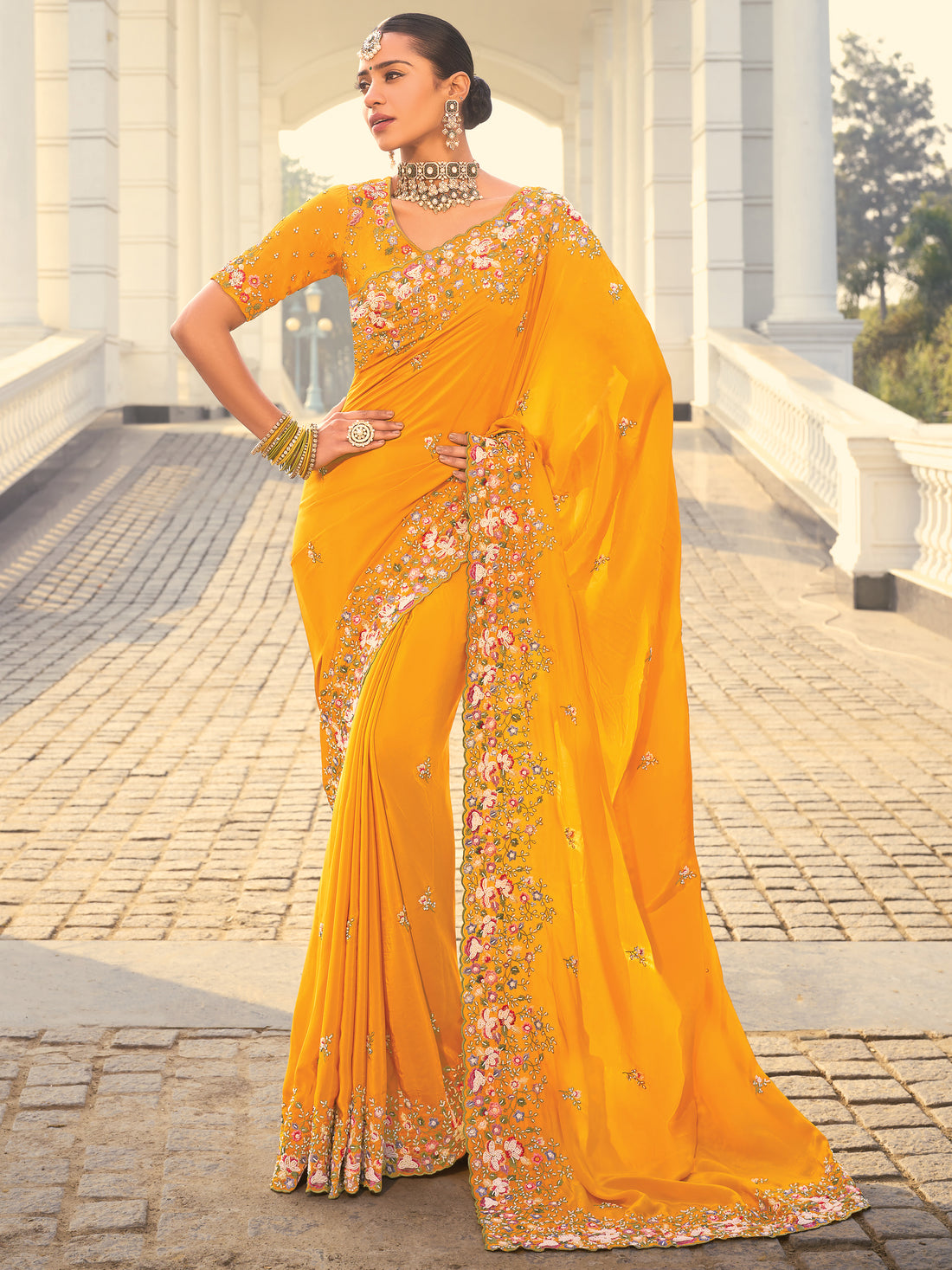 Stunning Yellow Floral Thread Work Crape Silk Haldi Wear Saree With Blouse