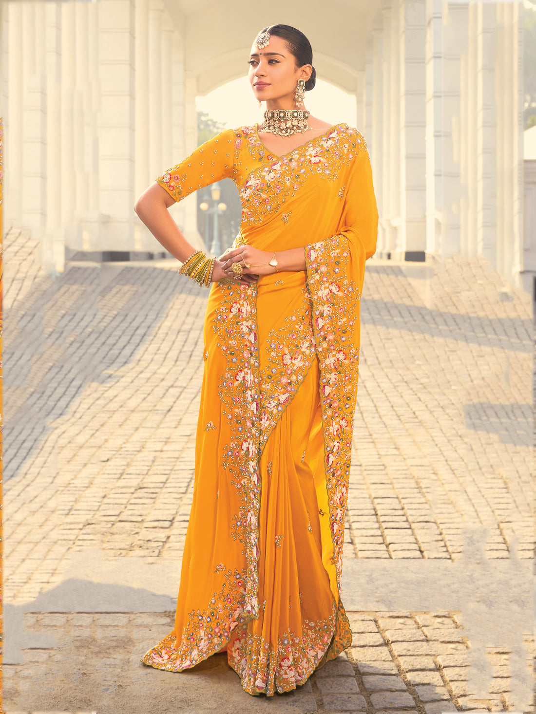 Stunning Yellow Floral Thread Work Crape Silk Haldi Wear Saree With Blouse