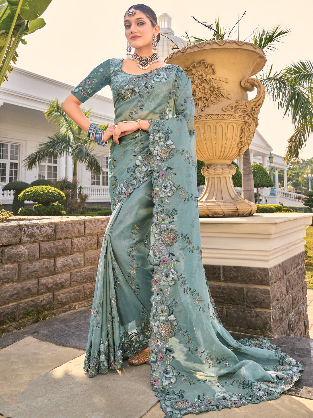 Enchanting Sea Green Floral Thread Work Organza Silk Saree With Blouse