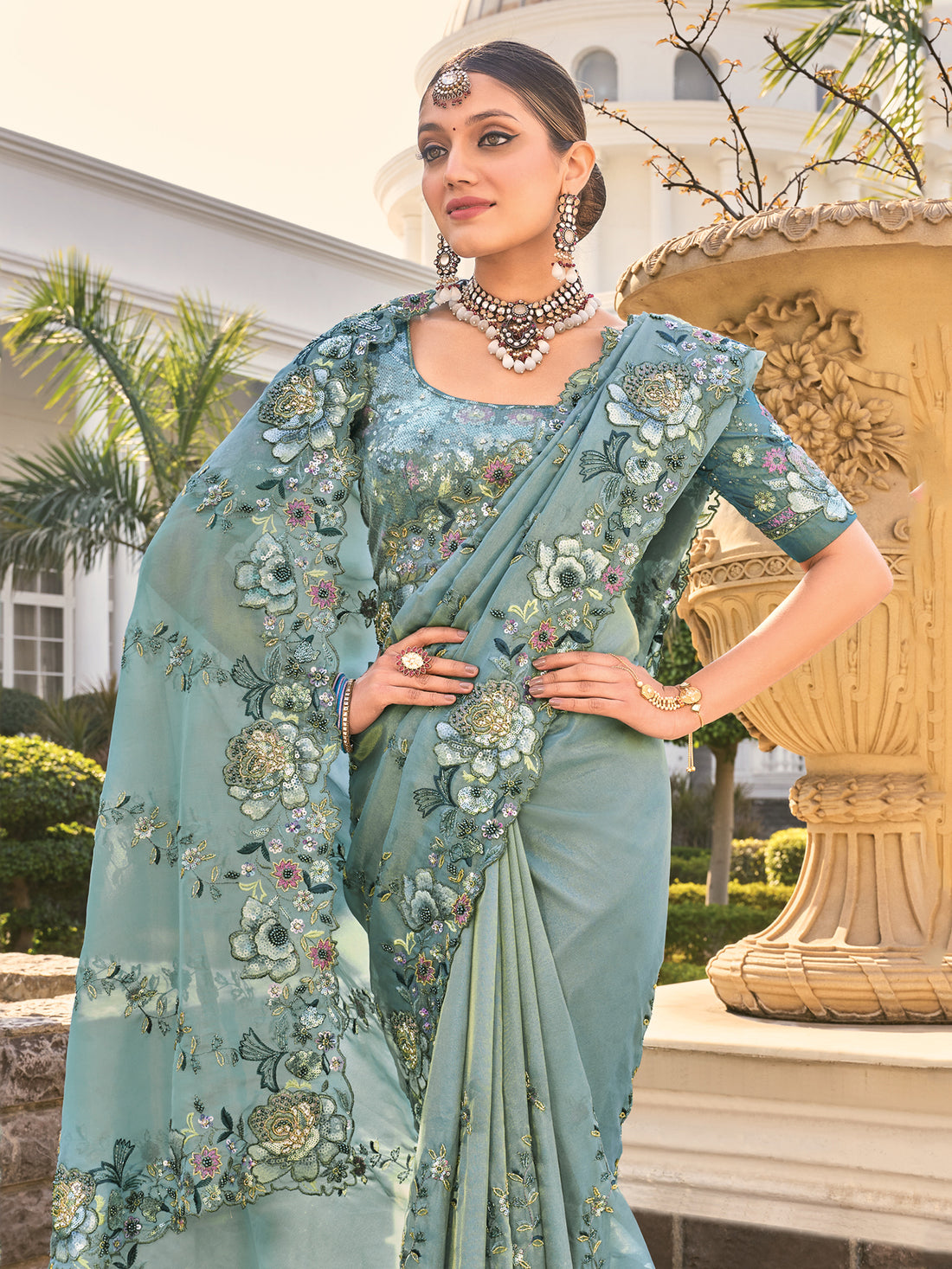 Enchanting Sea Green Floral Thread Work Organza Silk Saree With Blouse