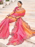 Marvelous Peach & Red Jarkan Work Jacquard Silk Bridal Wear Saree