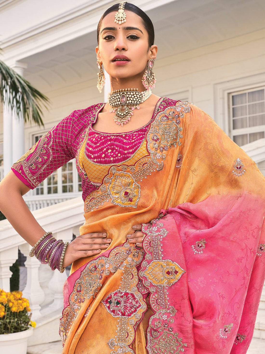 Marvelous Peach & Red Jarkan Work Jacquard Silk Bridal Wear Saree