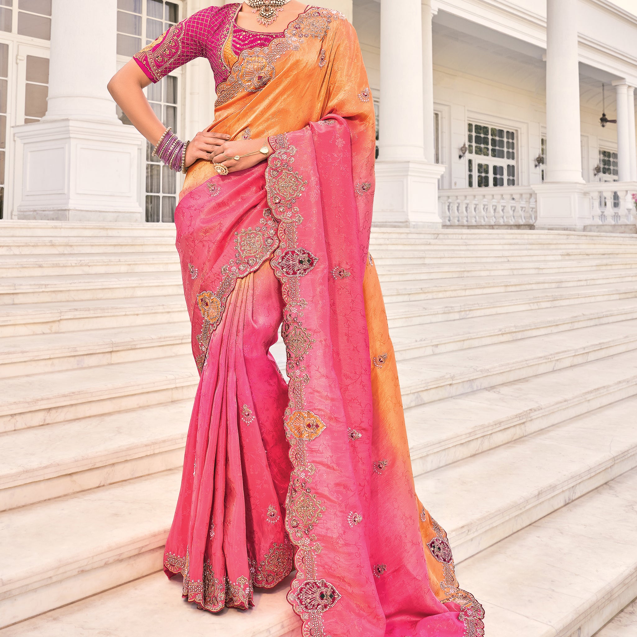 Marvelous Peach & Red Jarkan Work Jacquard Silk Bridal Wear Saree