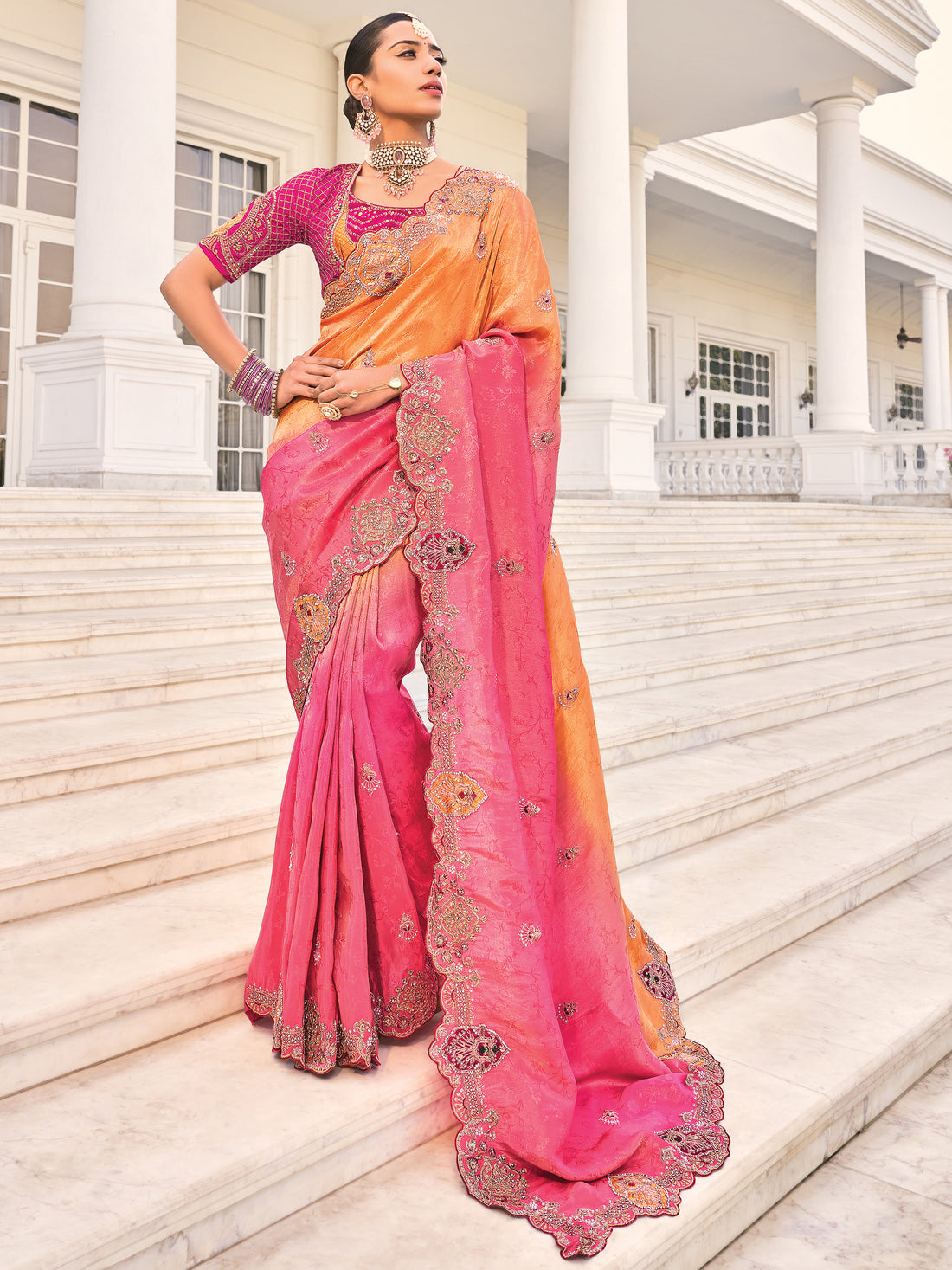 Marvelous Peach & Red Jarkan Work Jacquard Silk Bridal Wear Saree