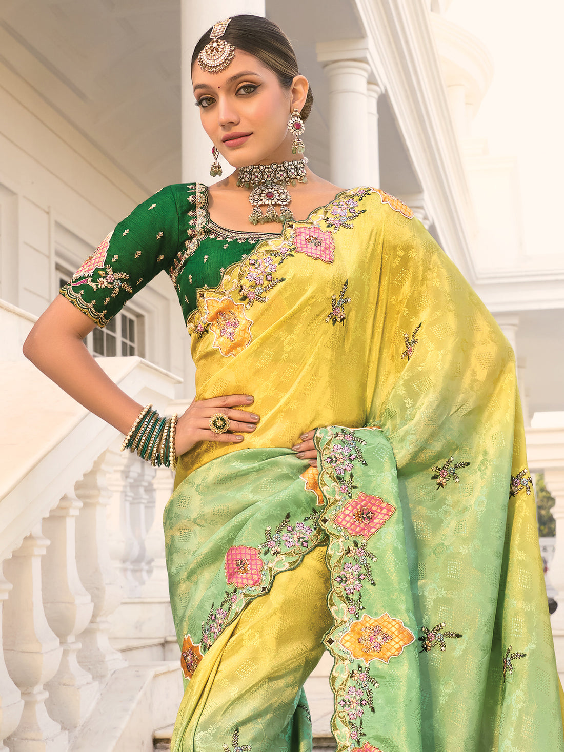 Attractive Yellow & Green Pearl Work Jacquard Silk Wedding Wear Saree