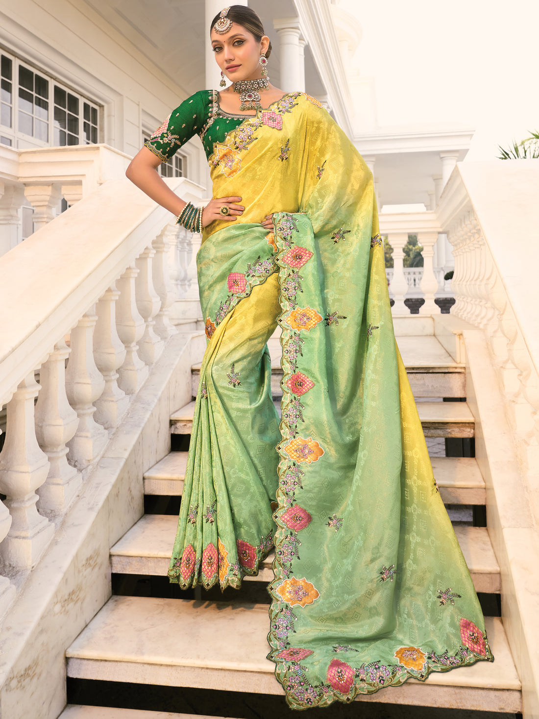 Attractive Yellow & Green Pearl Work Jacquard Silk Wedding Wear Saree