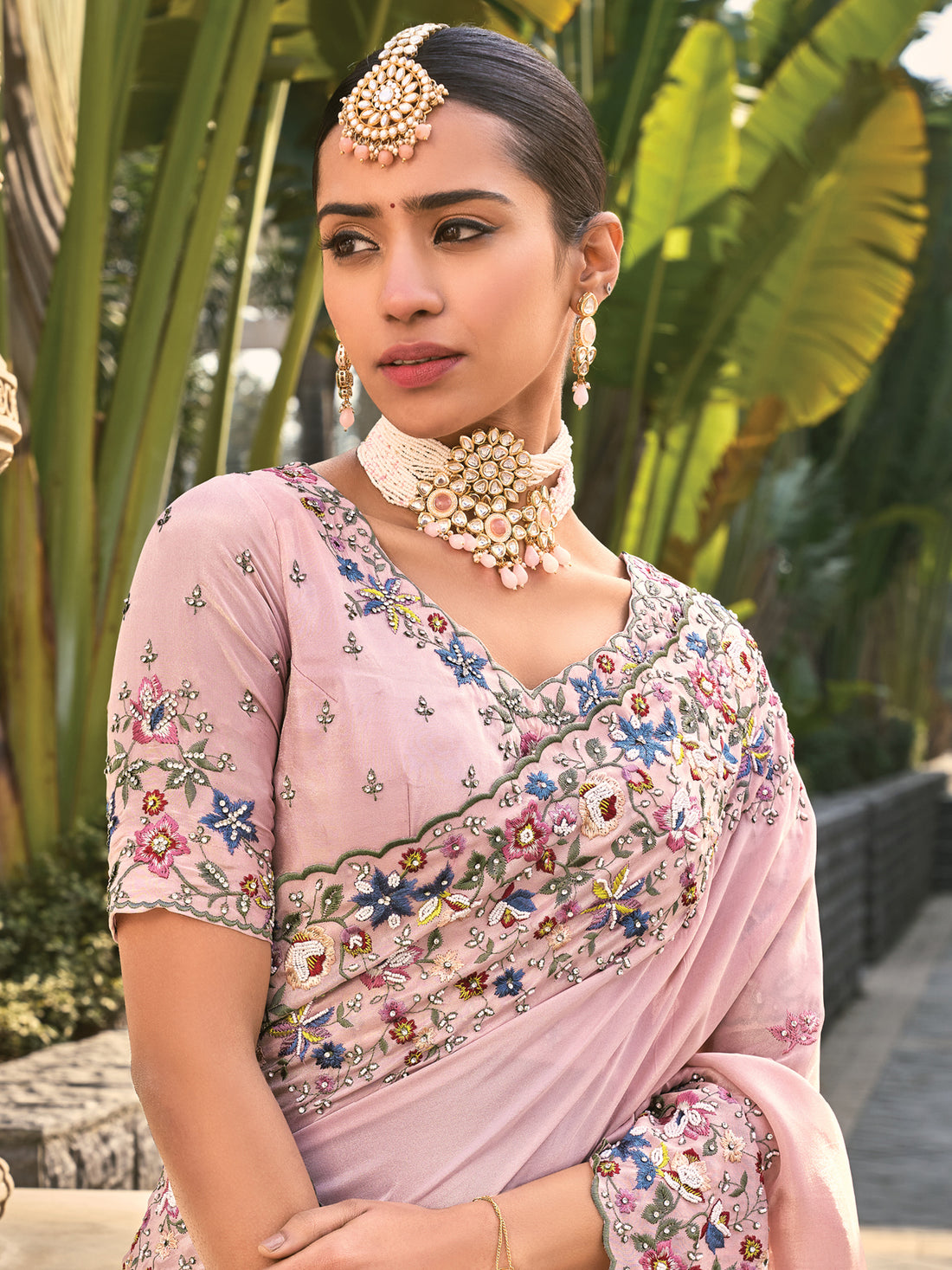 Beautiful Pink Thread Embroidery Banarasi Silk Engagement Wear Saree