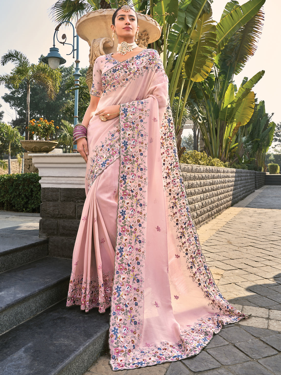 Beautiful Pink Thread Embroidery Banarasi Silk Engagement Wear Saree