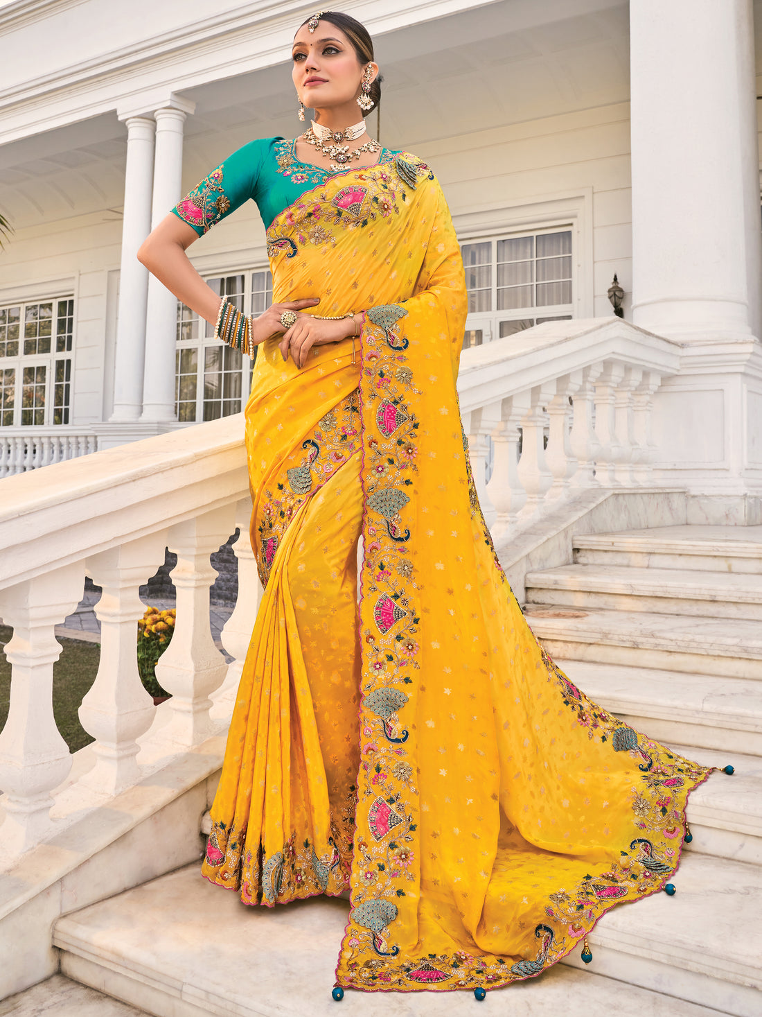 Captivating Yellow Heavy Border Work Crape Silk Wedding Wear Saree