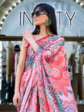 Beautiful Peach Digital Print Satin Festive Wear Saree With Blouse