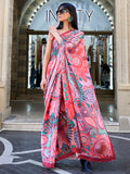 Beautiful Peach Digital Print Satin Festive Wear Saree With Blouse