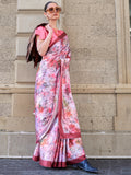 Beautiful Light Purple Digital Printed Satin Saree With Blouse