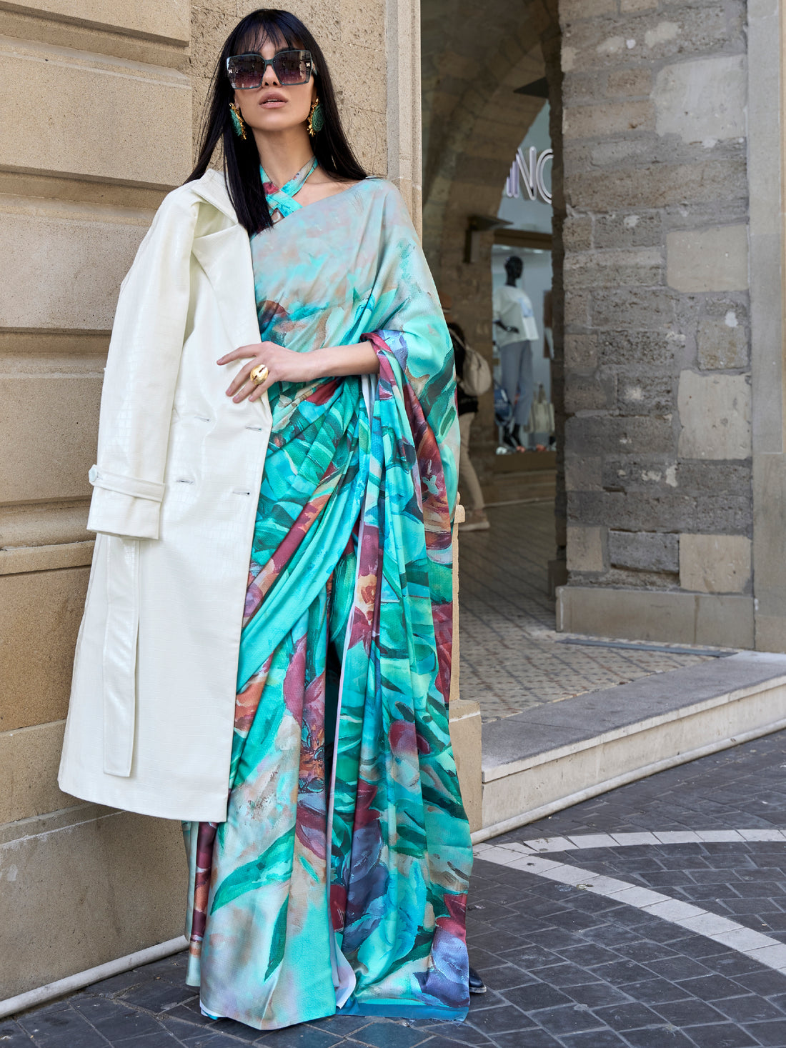 Lovely Turquoise Digital Printed Satin Events Wear Saree With Blouse