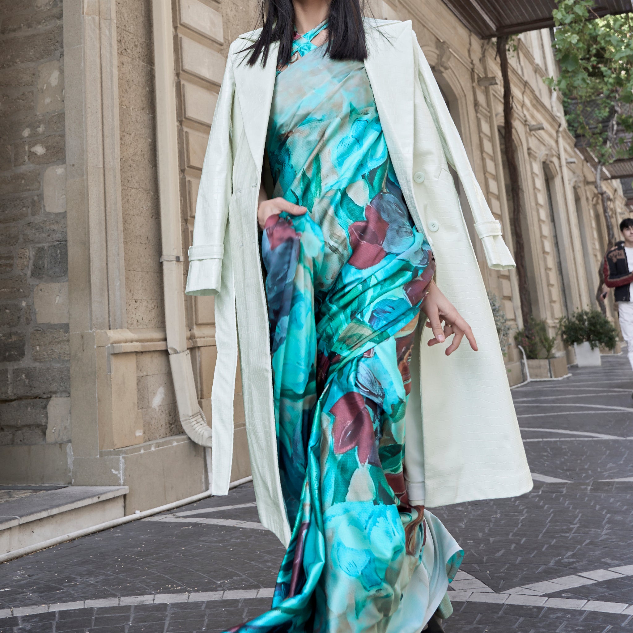 Lovely Turquoise Digital Printed Satin Events Wear Saree With Blouse