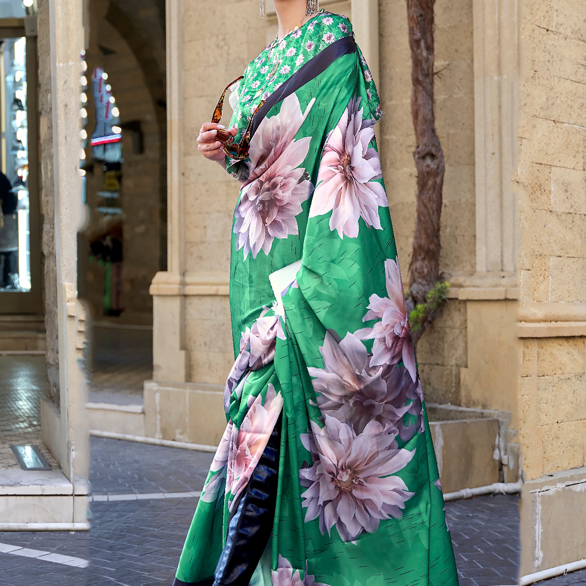 Pretty Green Floral Printed Satin Festive Wear Saree With Blouse