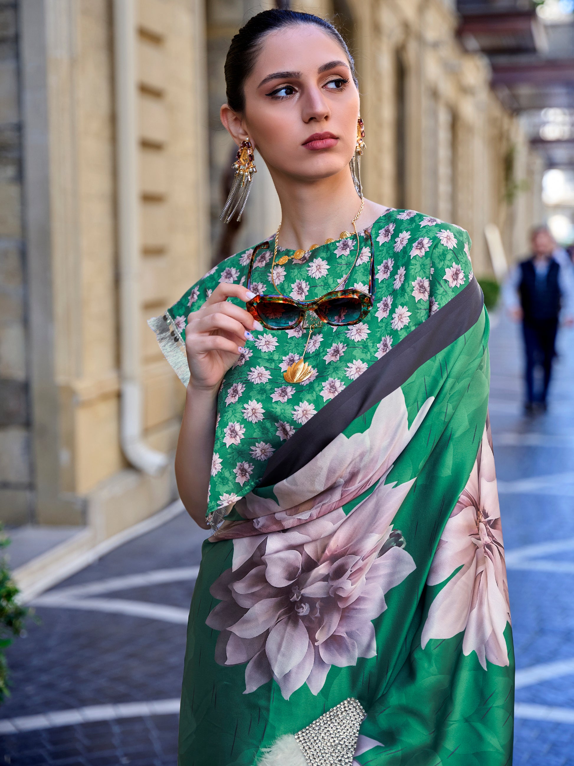 Pretty Green Floral Printed Satin Festive Wear Saree With Blouse