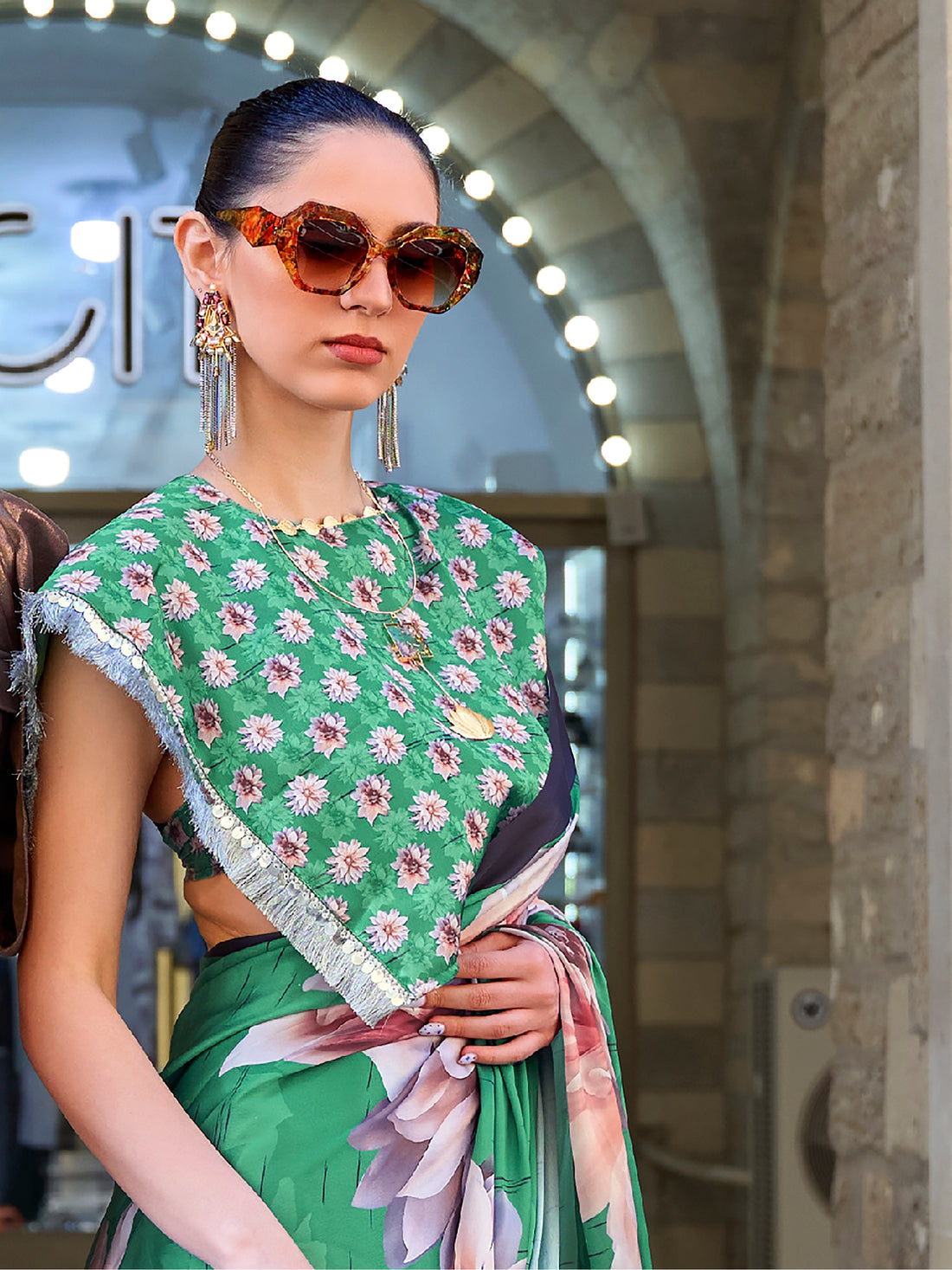 Pretty Green Floral Printed Satin Festive Wear Saree With Blouse
