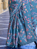 Wonderful Teal Blue Floral Printed Satin Saree With Blouse