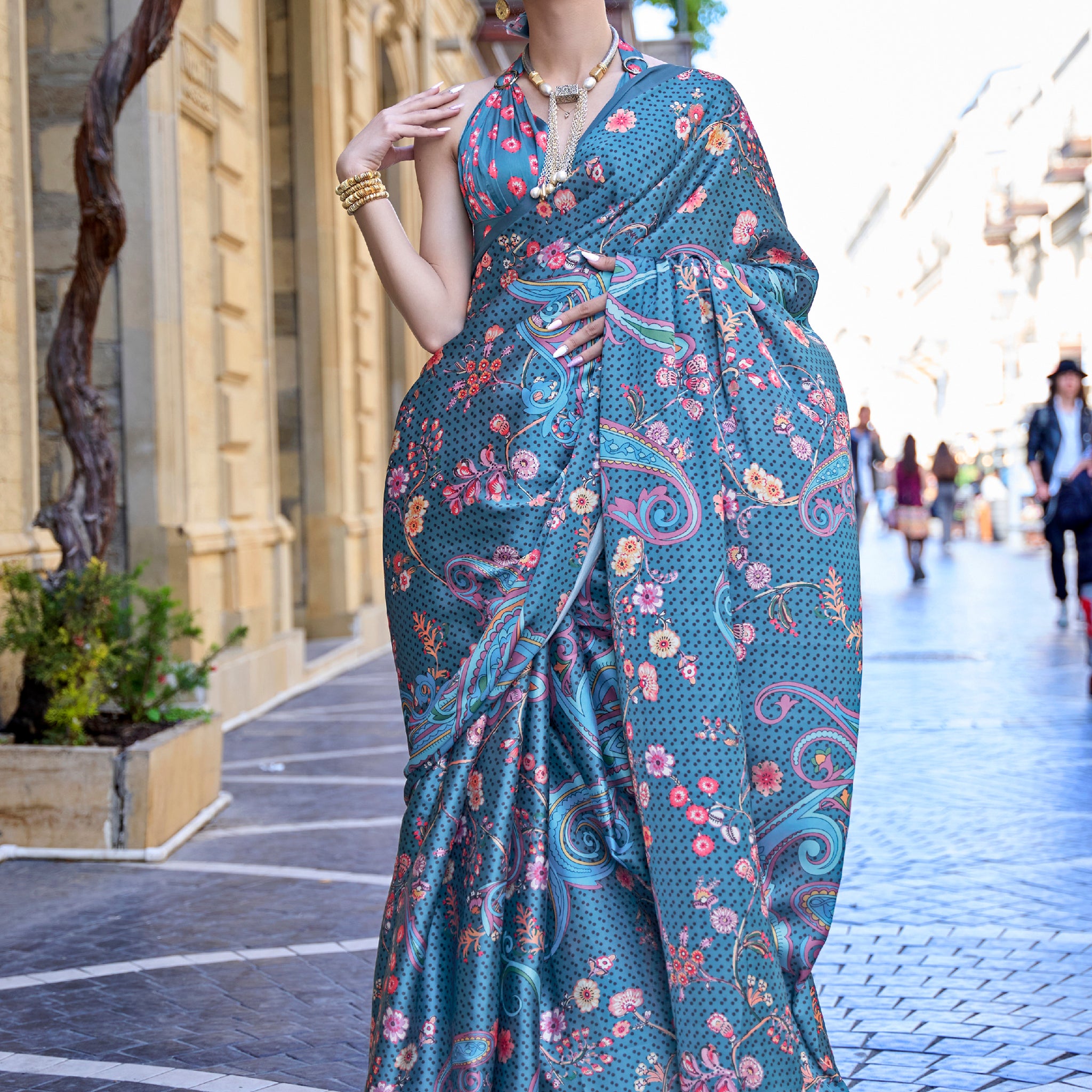 Wonderful Teal Blue Floral Printed Satin Saree With Blouse
