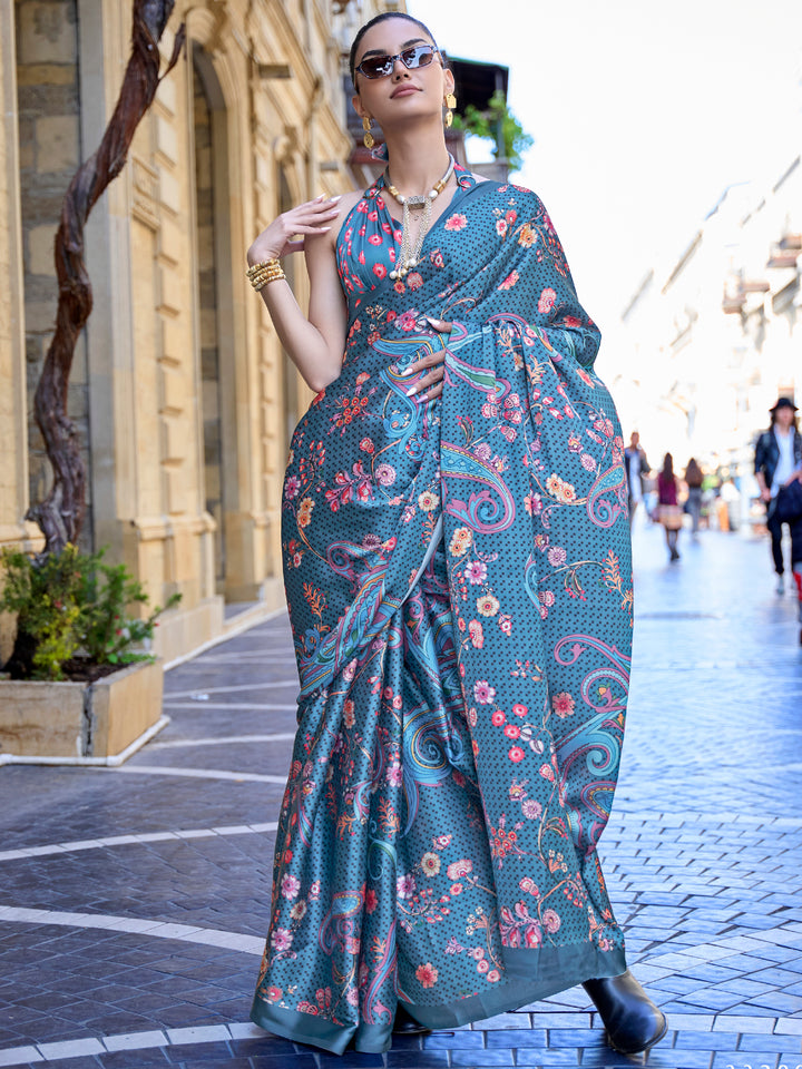 Wonderful Teal Blue Floral Printed Satin Saree With Blouse