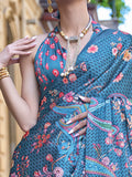 Wonderful Teal Blue Floral Printed Satin Saree With Blouse