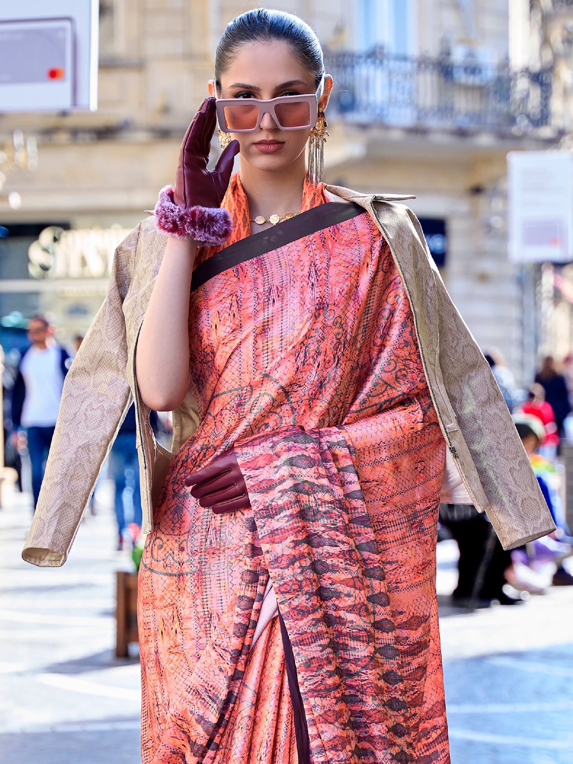 Awesome Orange Digital Printed Satin Festivals Wear Saree With Blouse
