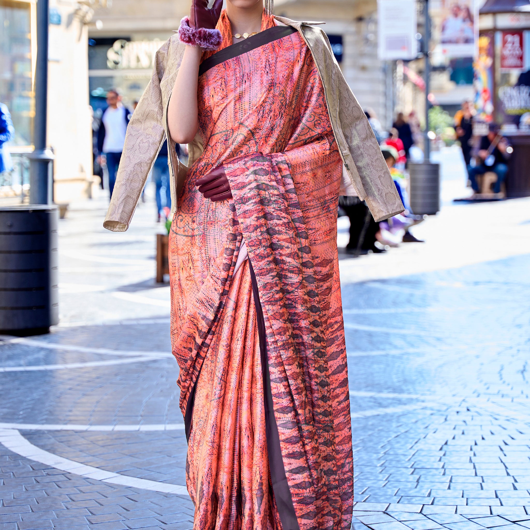 Awesome Orange Digital Printed Satin Festivals Wear Saree With Blouse