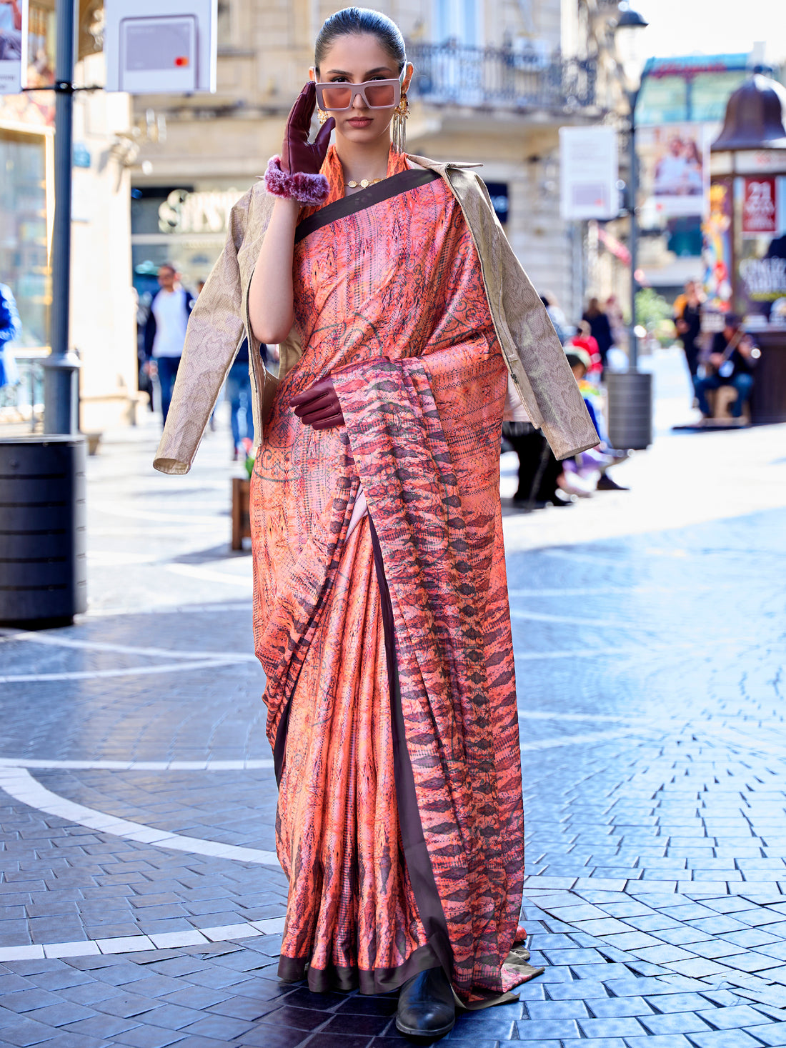 Awesome Orange Digital Printed Satin Festivals Wear Saree With Blouse