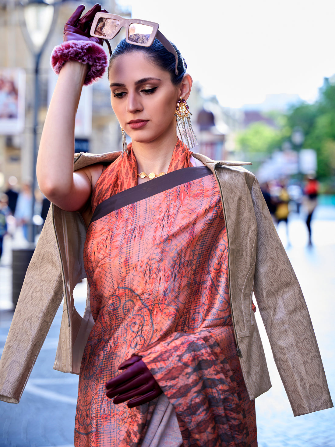 Awesome Orange Digital Printed Satin Festivals Wear Saree With Blouse