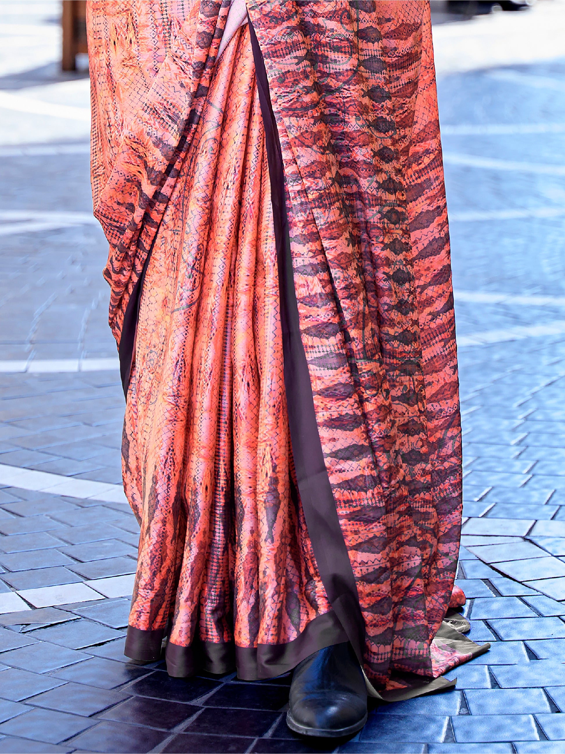 Awesome Orange Digital Printed Satin Festivals Wear Saree With Blouse