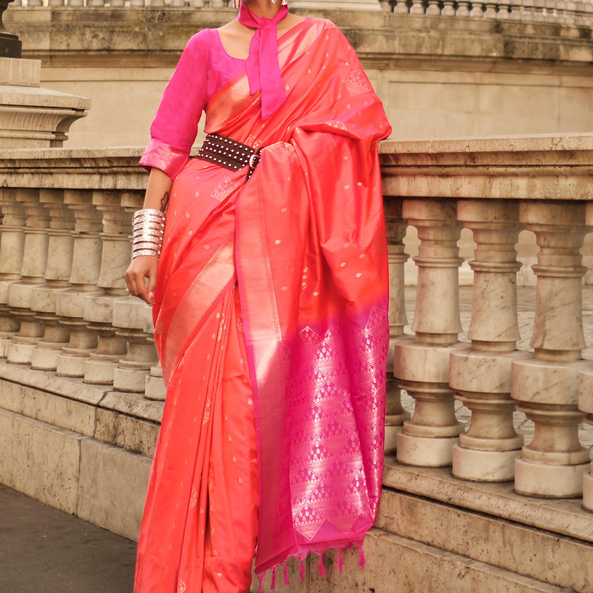 Gorgeous Peach Silk Zari Weaving Wedding Wear Saree With Blouse
