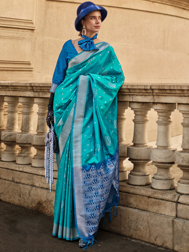 Wonderful Turquoise Silk Zari Weaving Designer Saree With Blouse