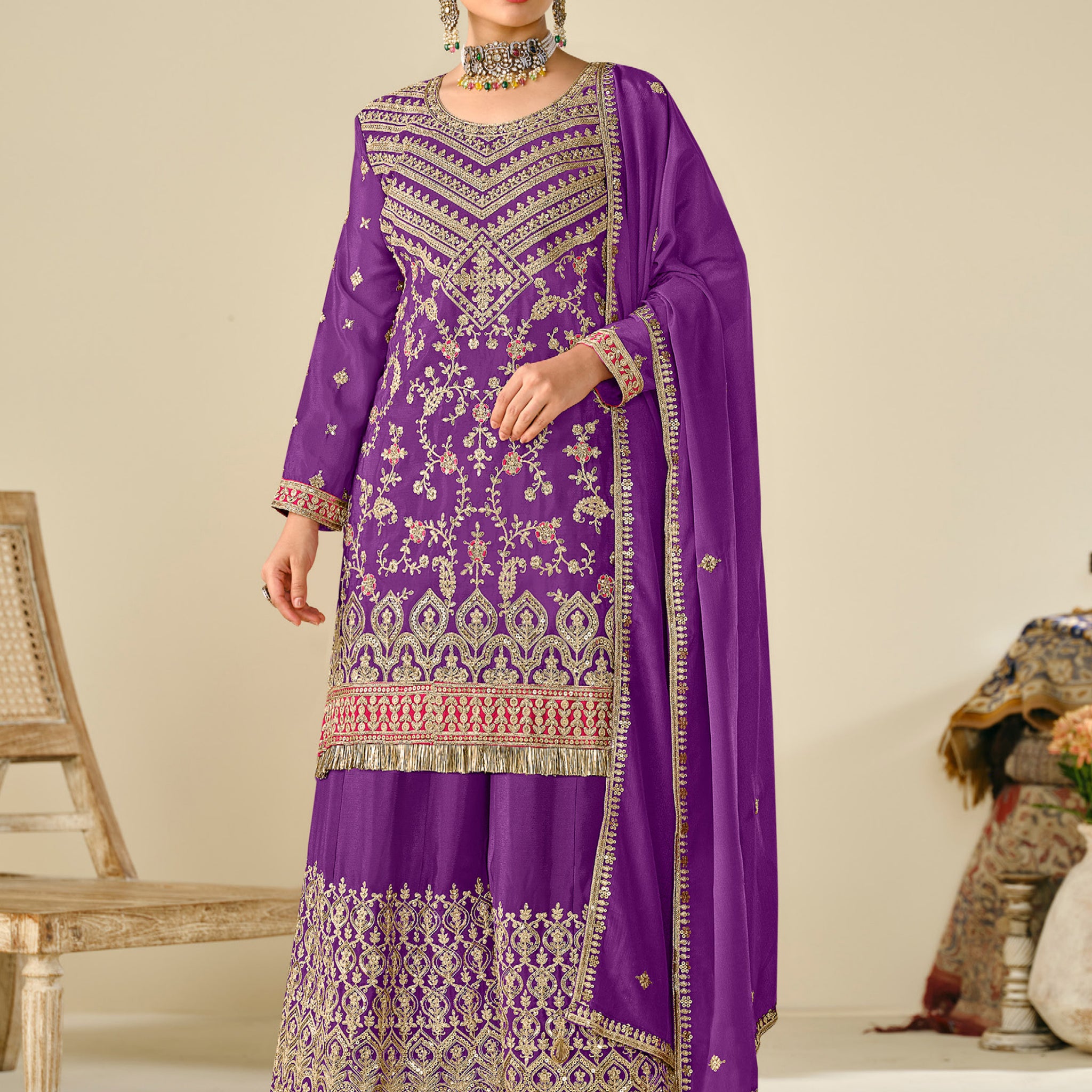 Precious Purple Sequins Work Chinon Sharara Suit With Dupatta