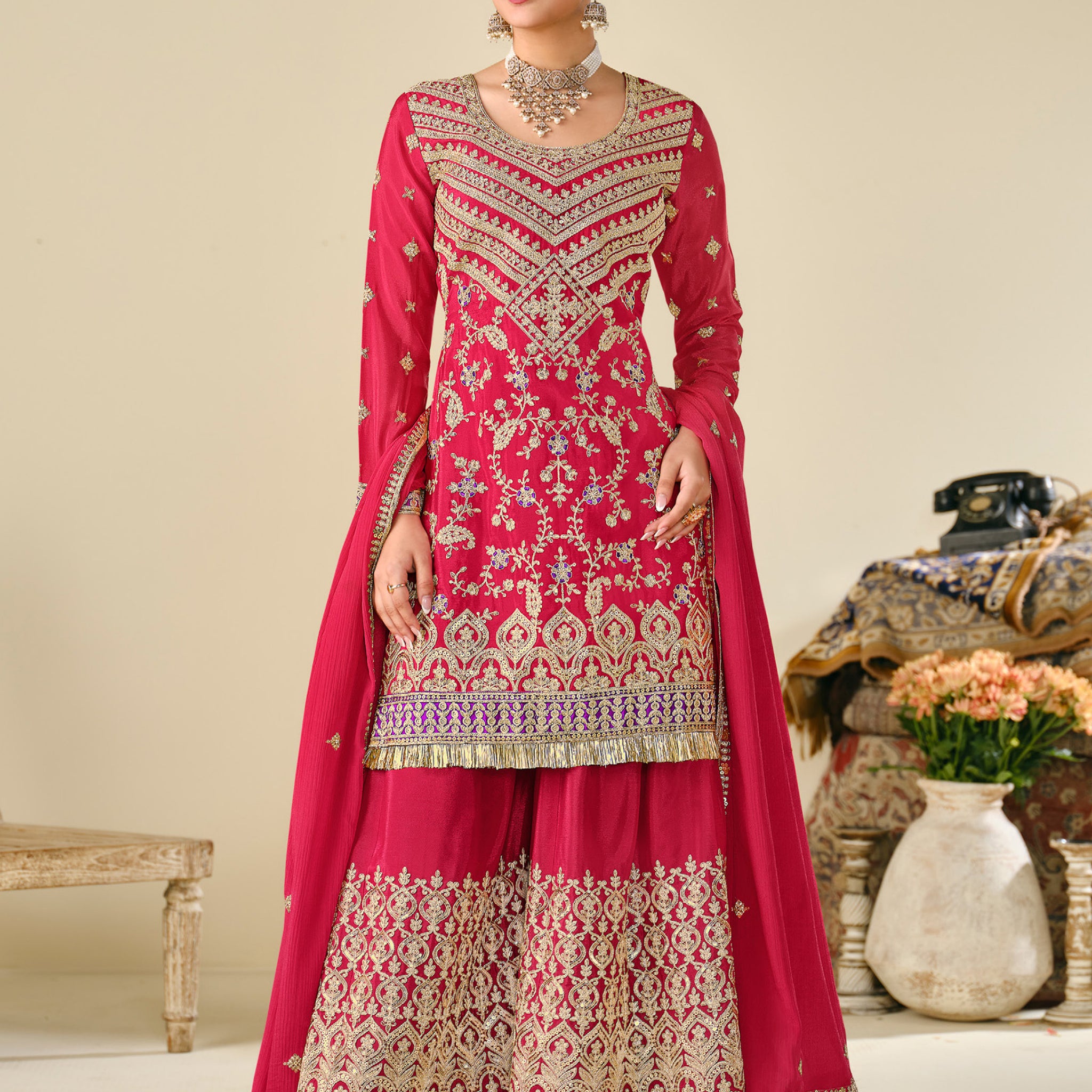 Glamorous Red Sequins Work Chinon Wedding Wear Sharara Suit