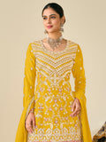 Attractive Yellow Sequins Work Chinon Sharara Suit With Dupatta