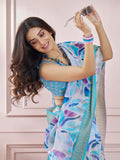 Gorgeous Sky-Blue Digital Printed Silk Event Wear Saree With Blouse