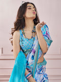 Gorgeous Sky-Blue Digital Printed Silk Event Wear Saree With Blouse