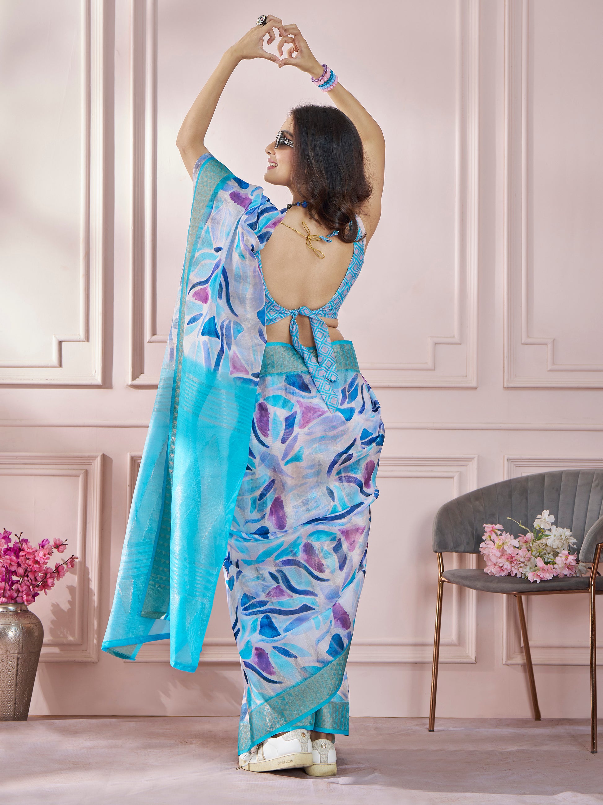 Gorgeous Sky-Blue Digital Printed Silk Event Wear Saree With Blouse