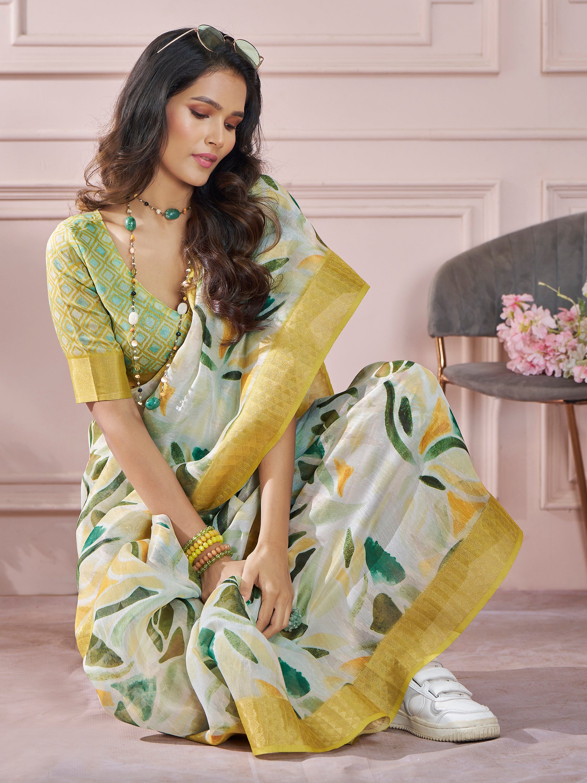 Ravishing Yellow Digital Printed Silk Traditional Saree With Blouse