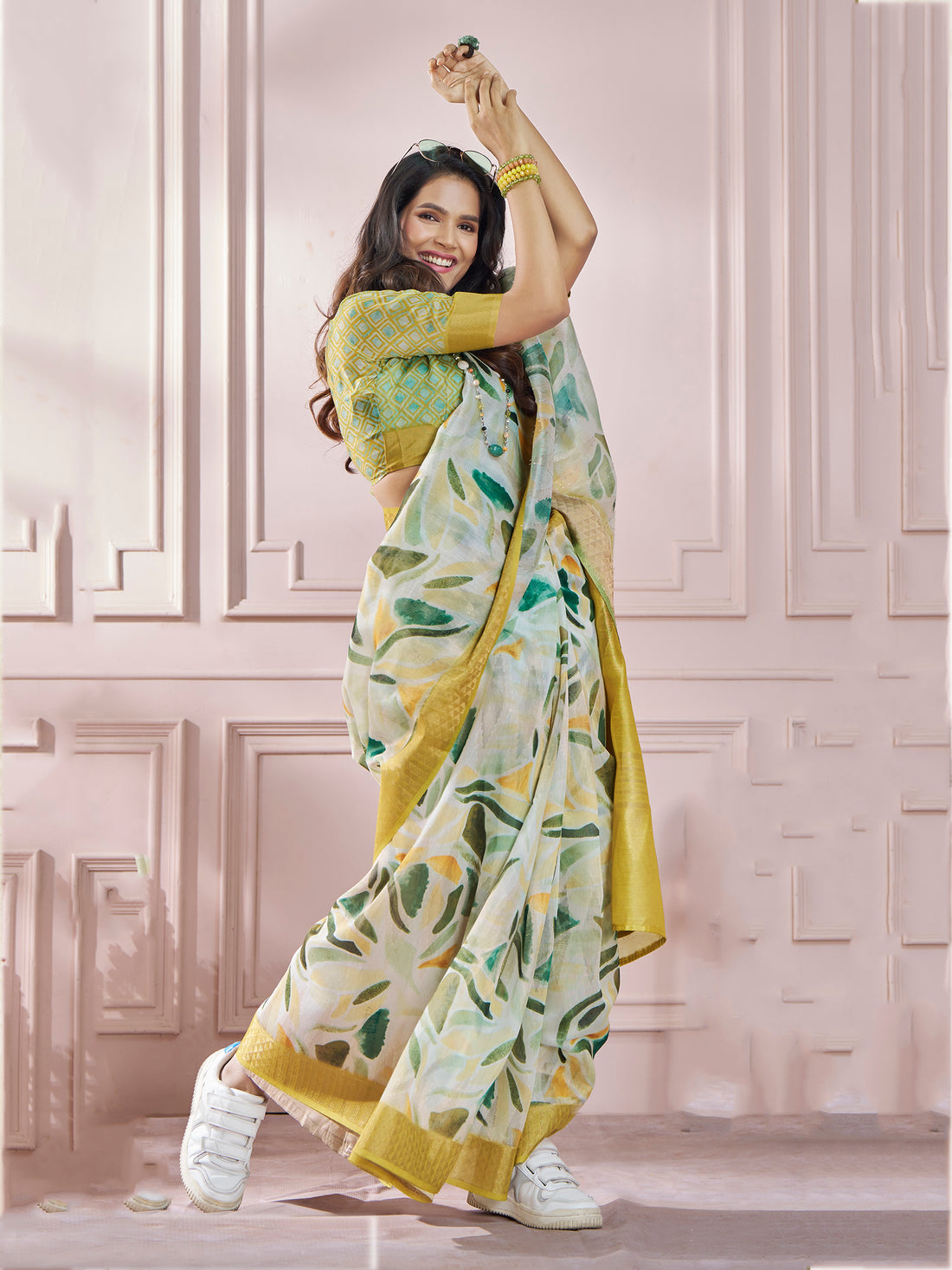 Ravishing Yellow Digital Printed Silk Traditional Saree With Blouse