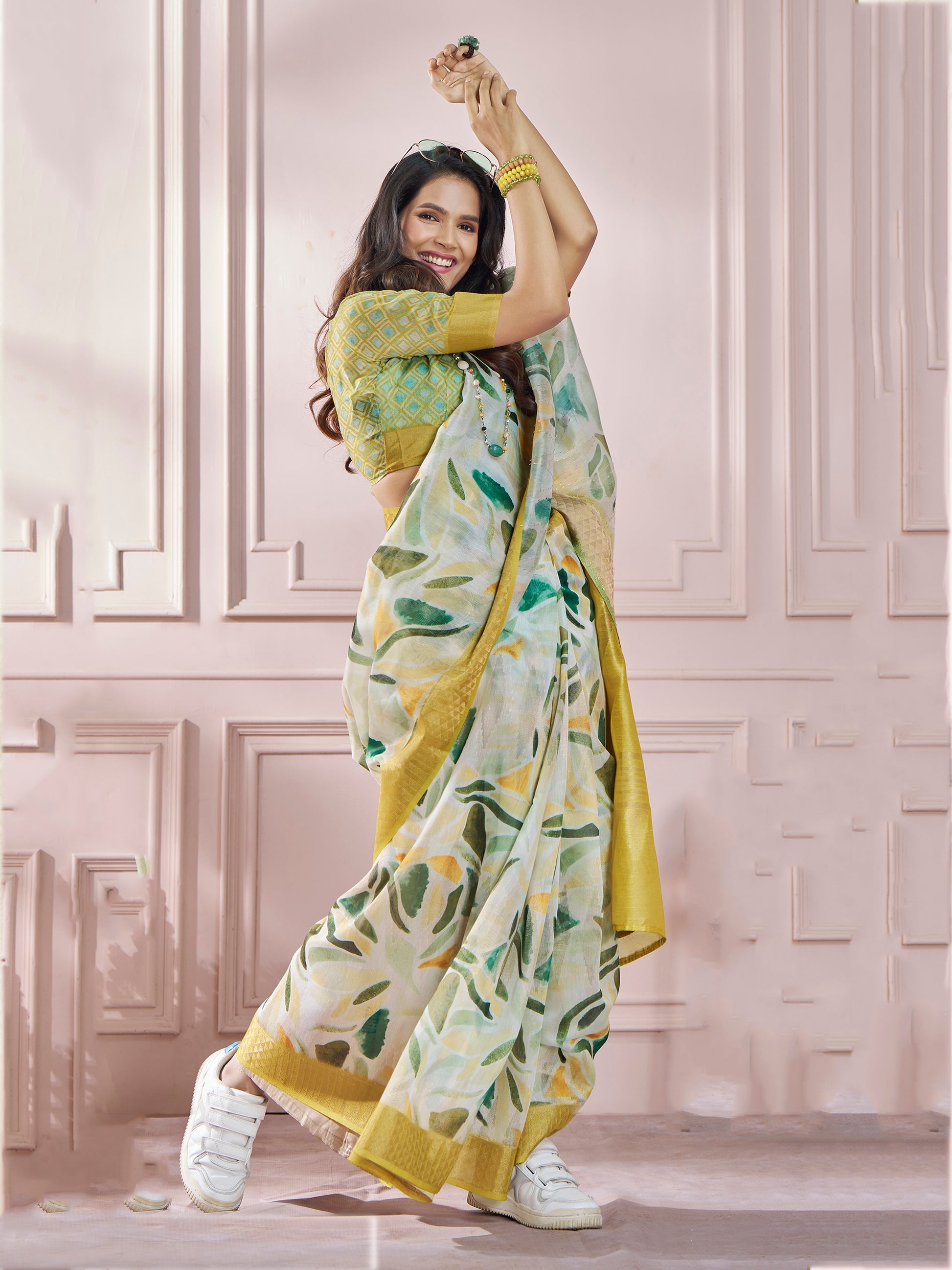 Ravishing Yellow Digital Printed Silk Traditional Saree With Blouse