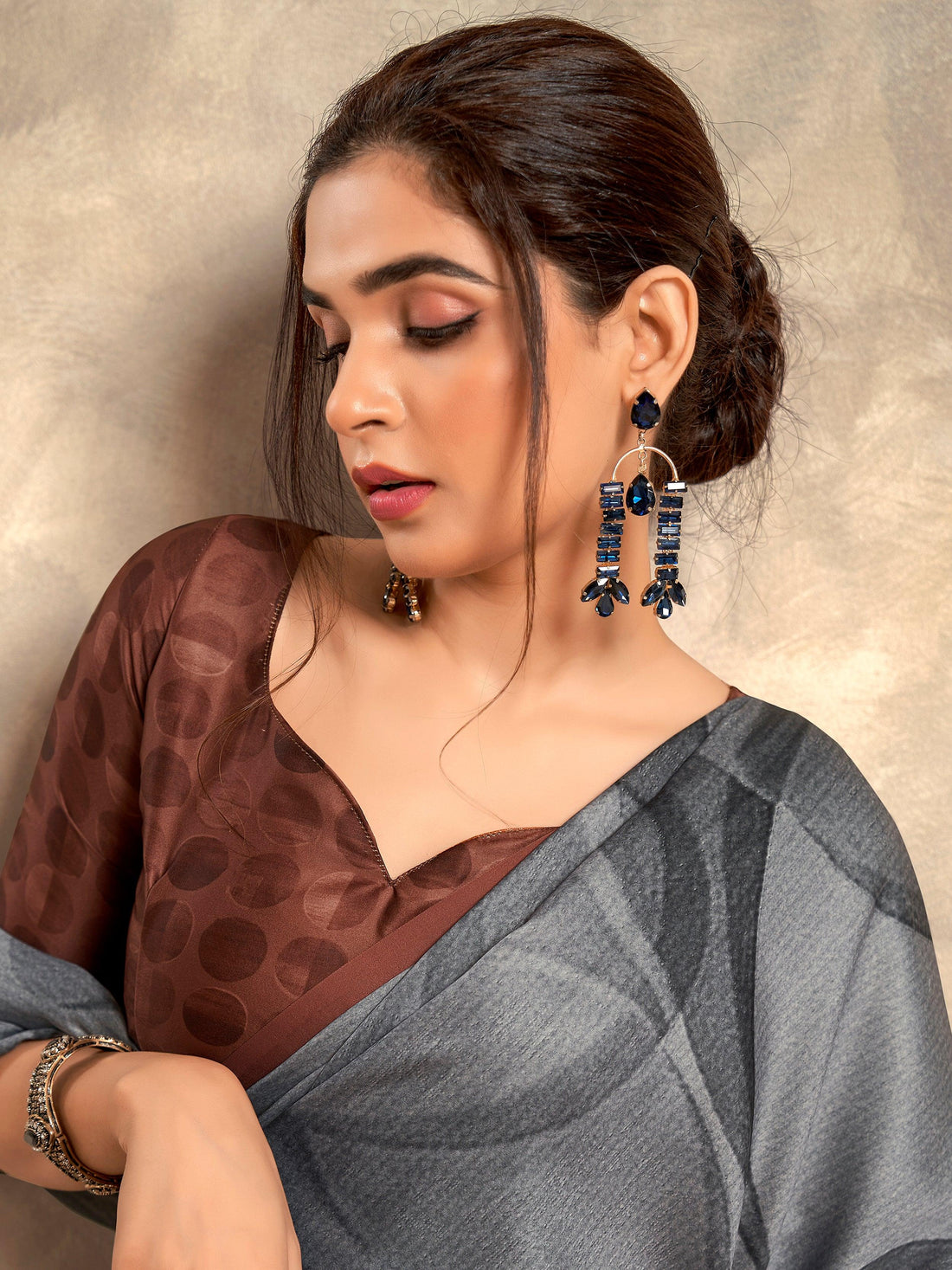 Outstanding Grey Digital Printed Satin Party Wear Saree With Blouse