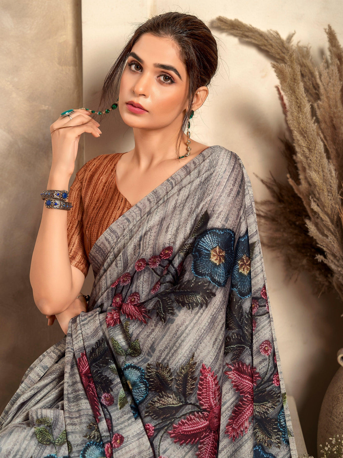 Wonderful Grey Floral Printed Satin Casual Wear Saree With Blouse