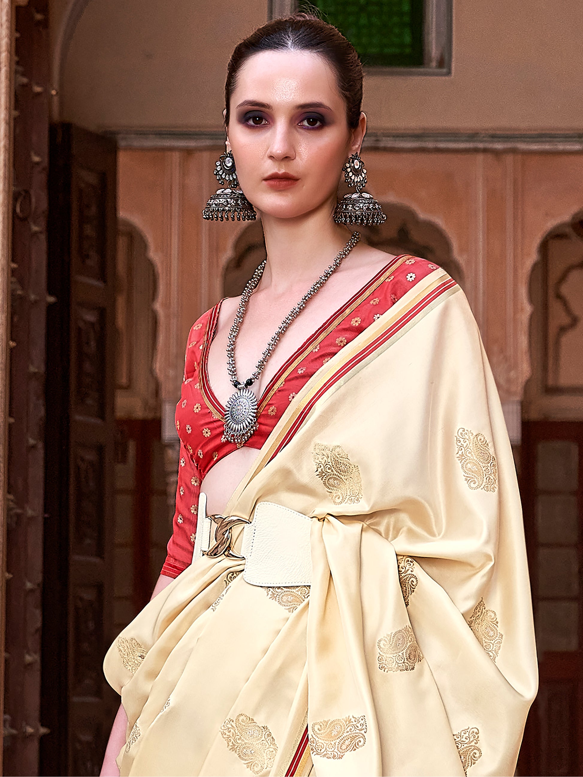 Excellent Beige Zari Weaving Satin Wedding Wear Saree With Blouse