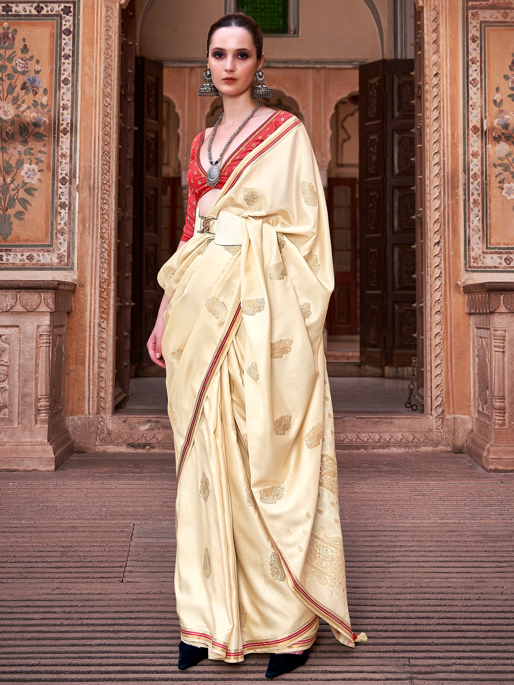 Excellent Beige Zari Weaving Satin Wedding Wear Saree With Blouse